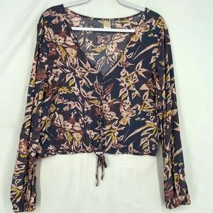 Roxy Womens US Size 10 Button Blouse Gray Pink Floral Deep V-Neck Long Sleeves